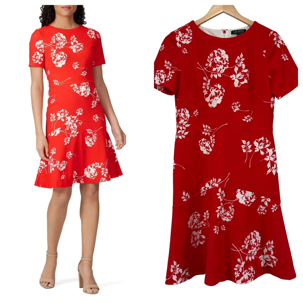 Ralph Lauren Floral Baba Dress Size 6 Poppy Red Crepe Fit Flare Girl Boss Office
